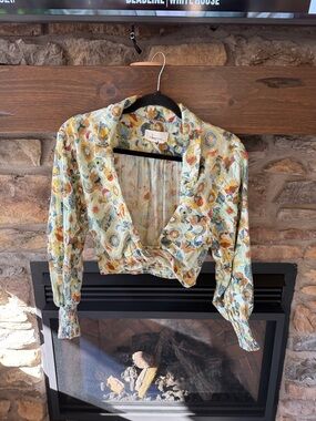 anthropology Floral Twist-Front Long Sleeve Crop Top - Yellow Floral